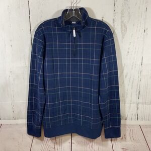 Lands End Mens Bedford Rib Quarter Zip Pullover Sweater M Navy Blue Plaid Preppy